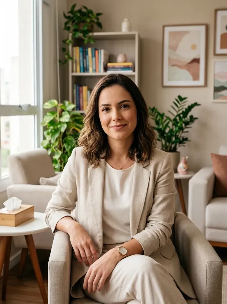 Marina Costa, psicóloga, sentada numa poltrona do consultório, sorrindo